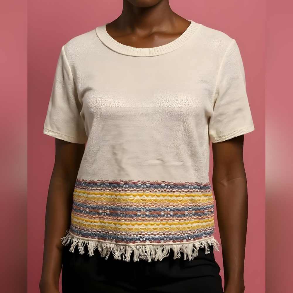 Madewell Light Ivory Tee with Multicolor Fringe Hem